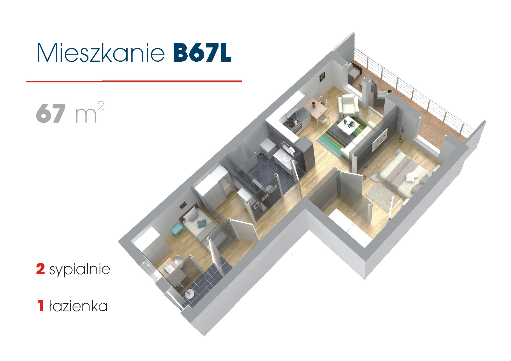 Przykładowe aranżacje mieszkań w technologii modułowej 67m2 lewe