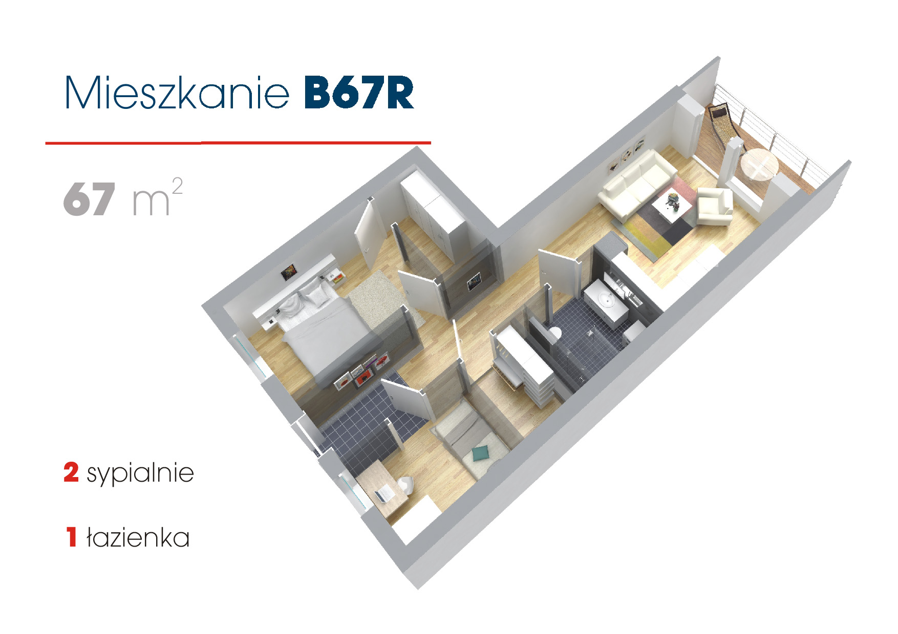 Przykładowe aranżacje mieszkań w technologii modułowej prawe 67m2