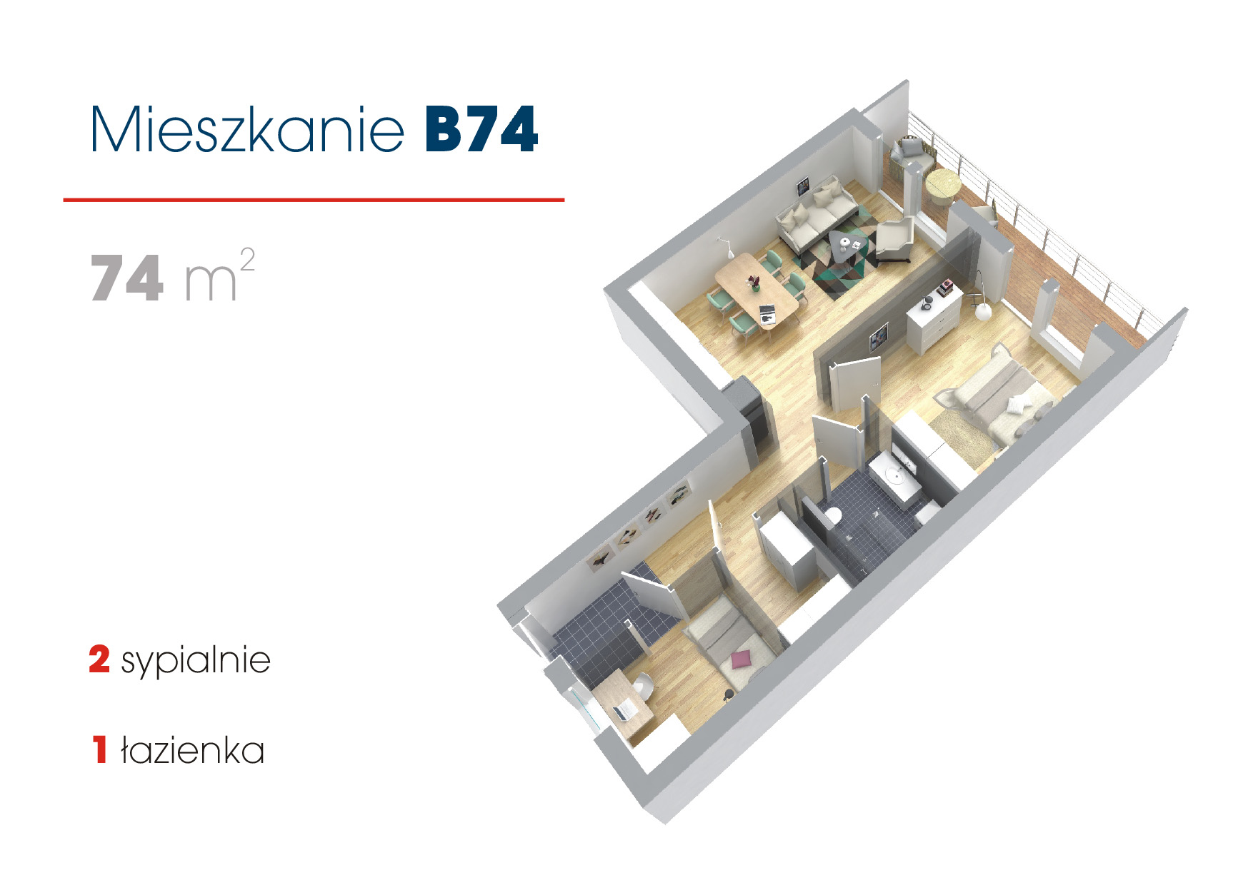 Przykładowe aranżacje mieszkań w technologii modułowej 74 m2